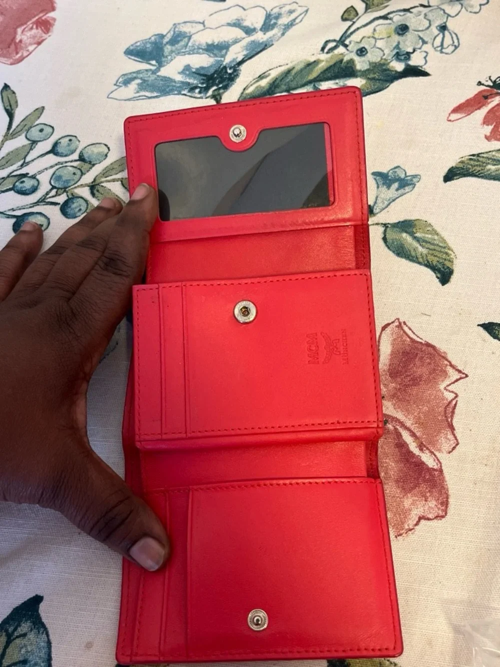 MCM Red Leather Compact Wallet with Gold Plaque